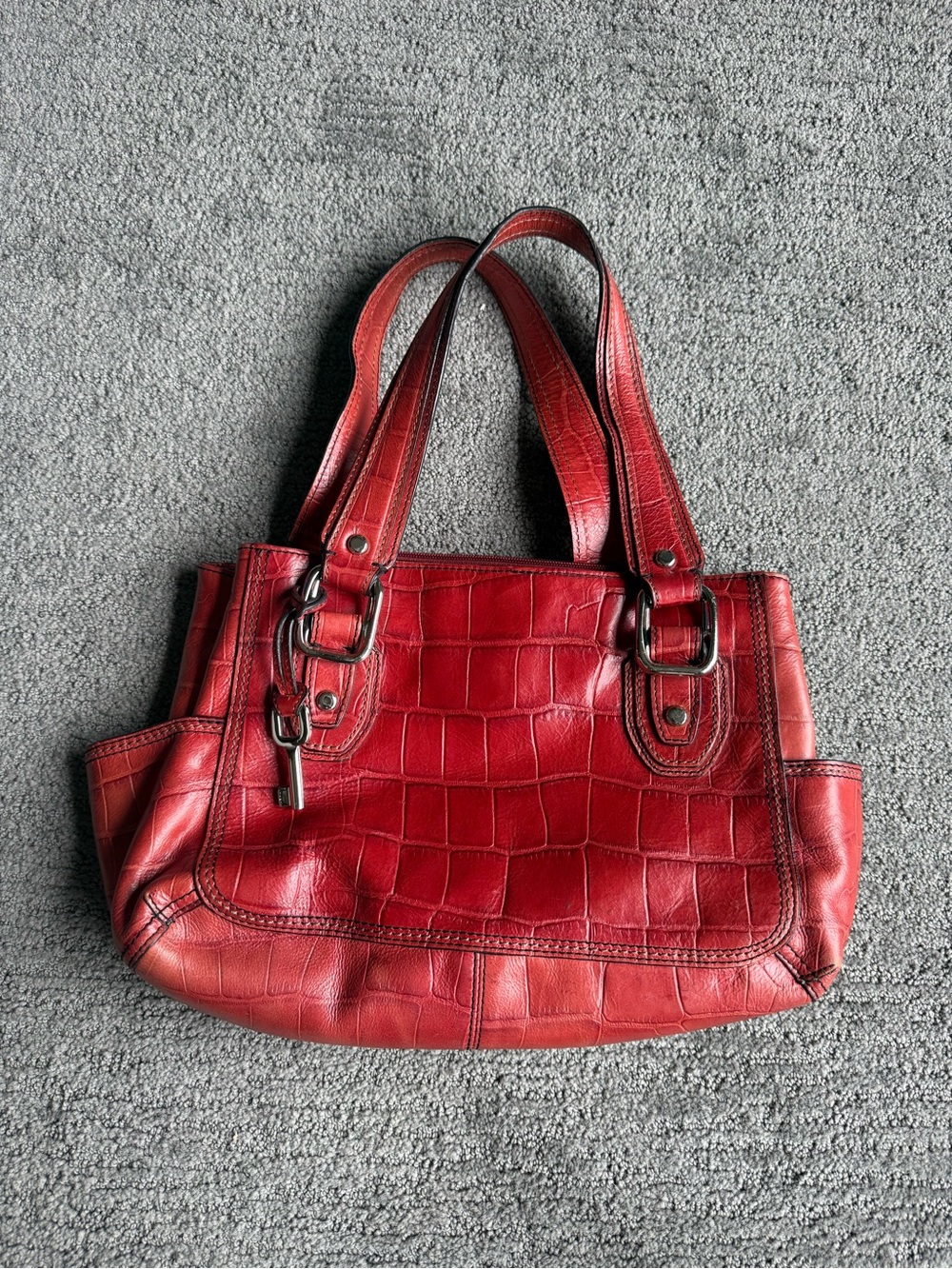 Fossil Red Croc-Embossed Shoulder Tote